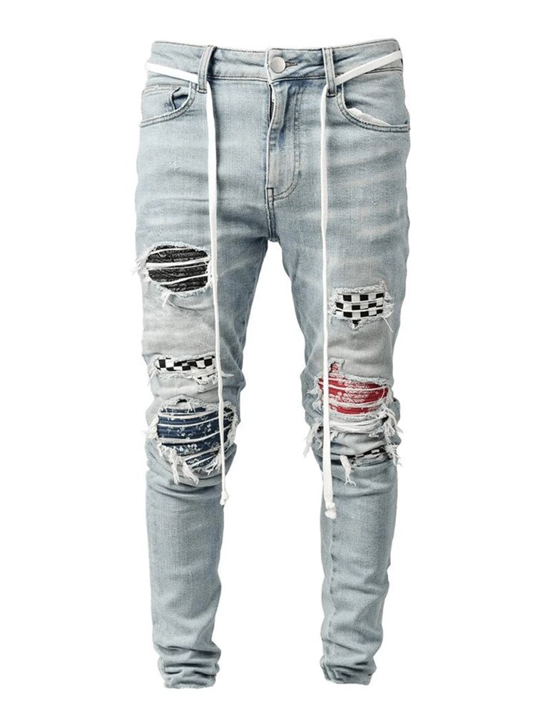 Männer Heißer schlank Jeans Zerrissene Netz Patchwork strecken Denim Hosen Elastische Hüfte-hüpfen Joggen Bleistift Hosen männer kleidung: das hell Blau / L