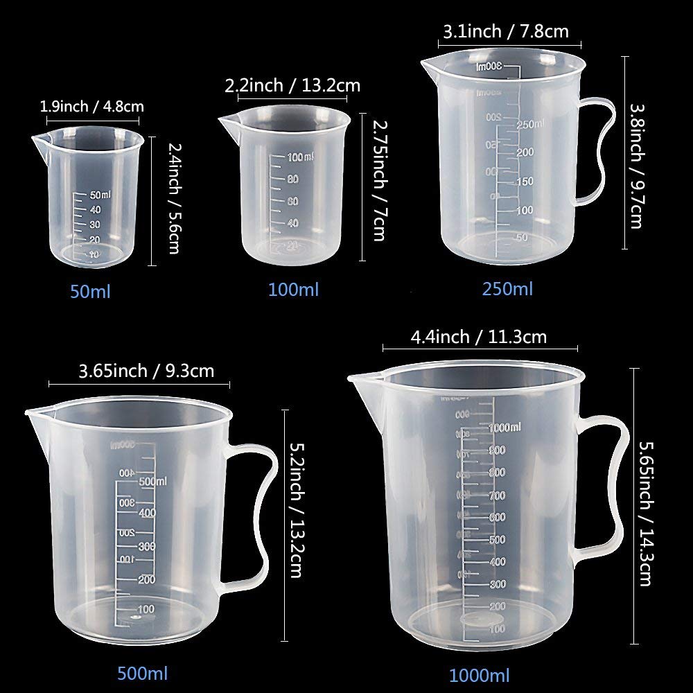 Graduerede plastikcylindre og plastbægre ,5 stk plastik graduerede cylindere 10ml 25ml 50ml 100ml 250ml og 5 stk plast b