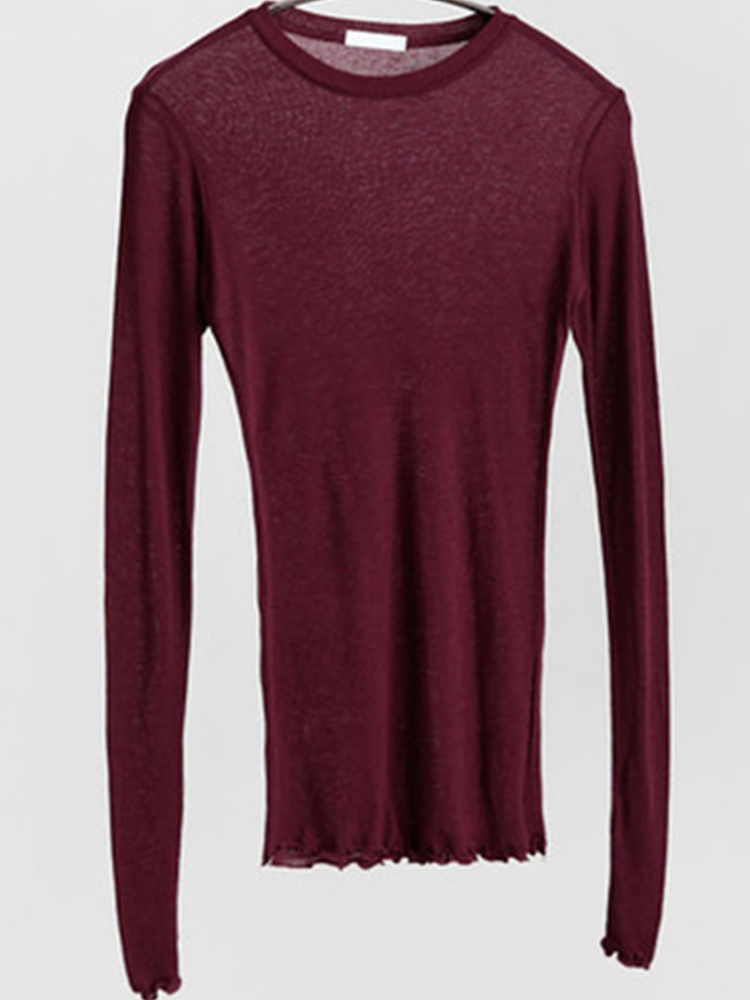 Enfärgad t-shirt kvinnor bomull elastiska enkla t-shirts kvinnliga casual toppar långärmade sexiga tunn t-shirt genomskinlig