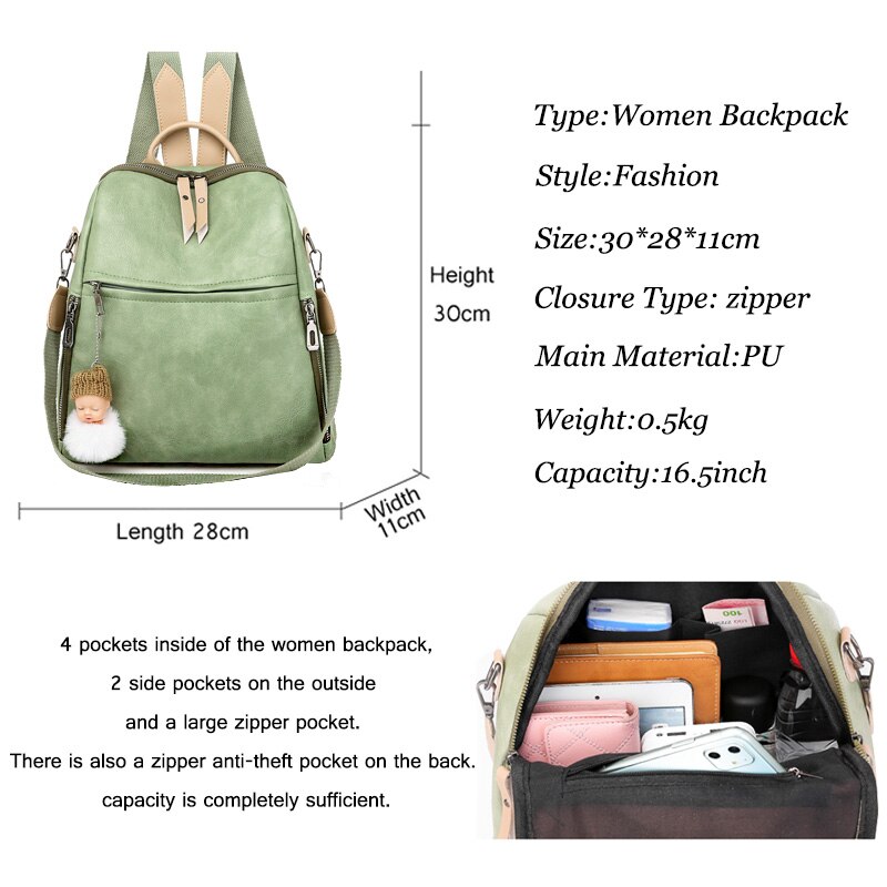 PU Female Backpacks Ladies Leather School Bags Large Capacity School Bags for Teenage Girls Student Book Bag Retro Lady Backpack