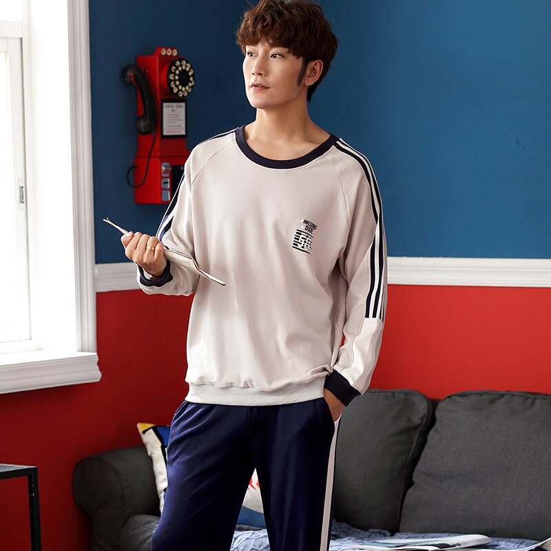Conjuntos de pijamas de hombre de otoño, manga larga, talla grande, Kawaii, ropa de casa, ocio, estampado cómodo, rayado, sencillo, 2 uds, estilo de