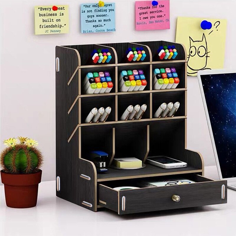 Wooden Pen Holder Large Capacity Cute Desk Pen Holder Pencil Storage Box Desktop Organizer Stand Case School Office Stationery: A black