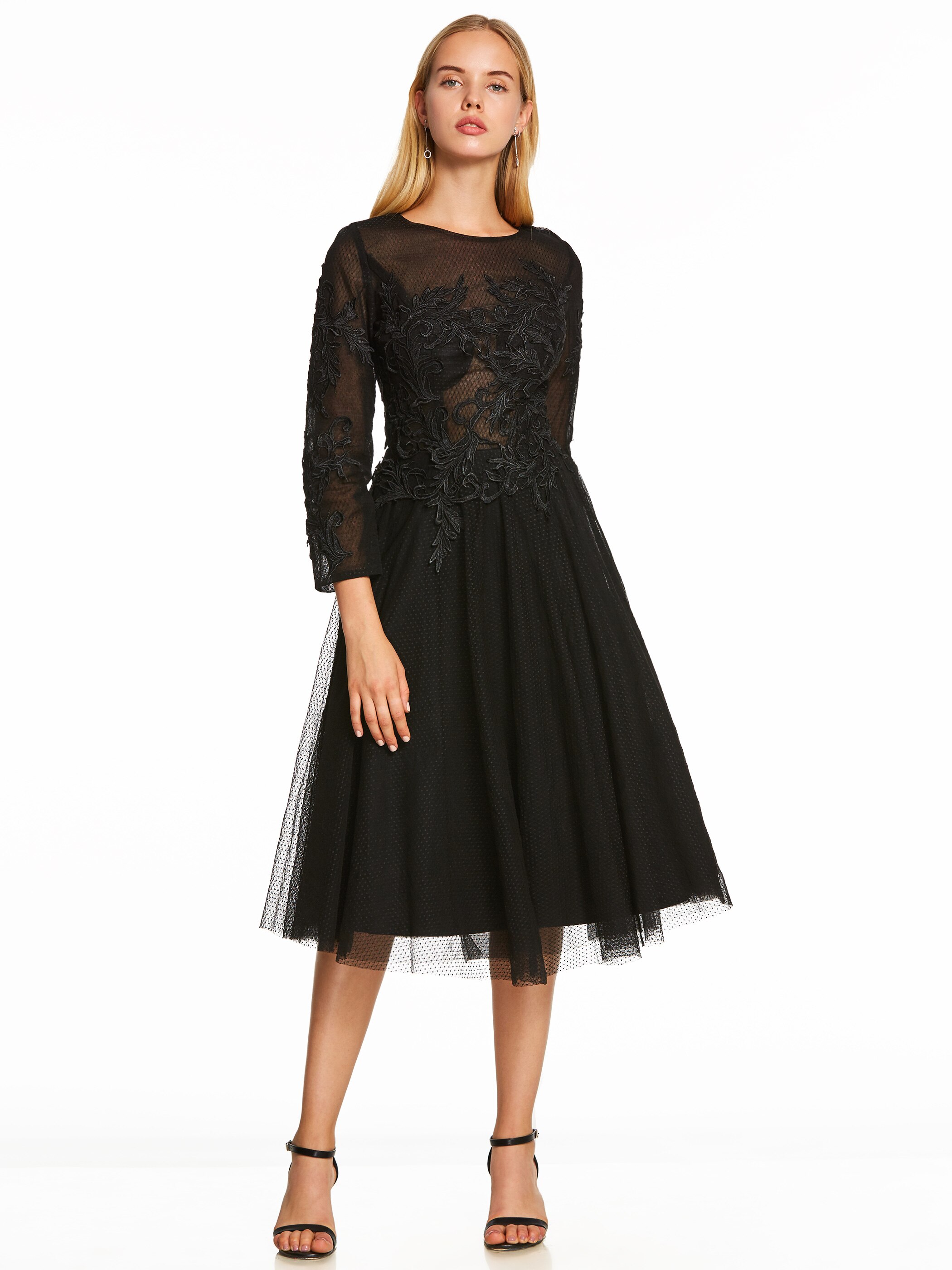 Een Lijn Cocktail Jurk Zwart Scoop Lange Mouwen Thee Lengte Gown Goedkope Lady Party Homecoming Formele Korte Cocktail Jurken