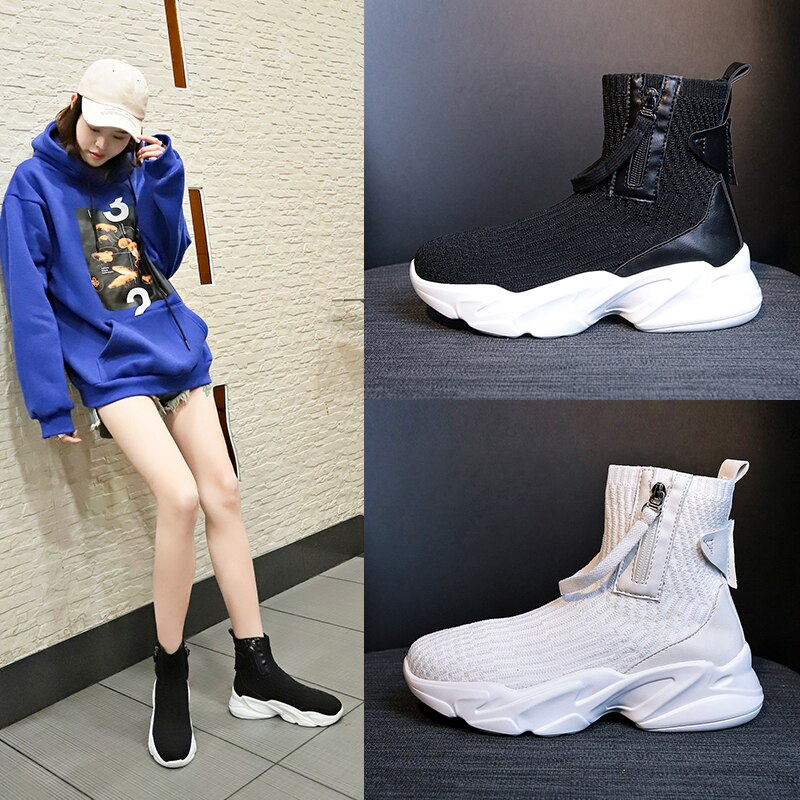Qwedf sneakers kvinder strik overdel åndbare sneakers sokkestøvler kvinde chunky sko high top sko til kvinder tennis feminino  g4-45