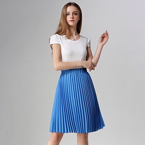 Surmiitro, Falda plisada de gasa para verano, para mujer, , Midi, largo hasta la rodilla, unicolor, 2 capas, cintura alta, falda de corte a para escuela y sol para mujer: Azul real