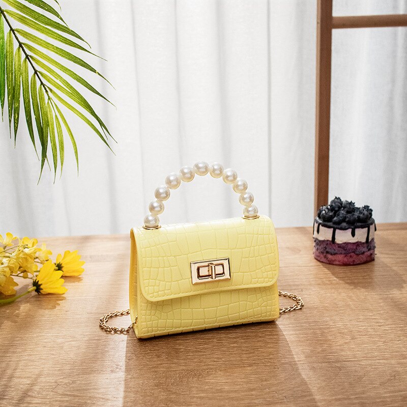 Mini bolso de gelatina de cuero para mujer, cartera de mano con perlas para , monedero,: pearl yellow