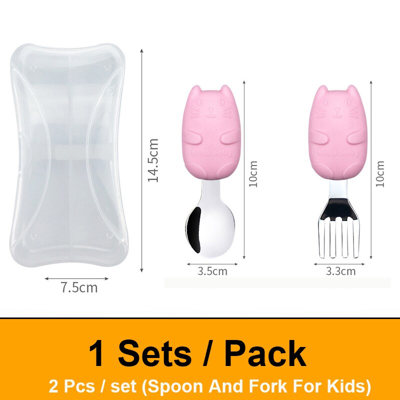 Spoon And Fork For Kids Children's Cutlery Set Cute Cartoon Metal spoons And Forks Stainless Steel Eco Friendly Kids Tableware: Pink 1 set