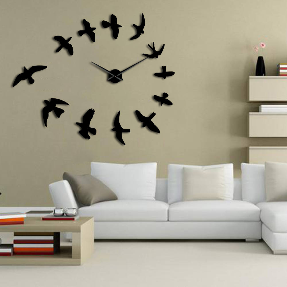 Frameless DIY Large Clock Wall Watch Nature Room Decor Mirror Decorative Flock of Flying Birds Modern Fashionable Luxury
