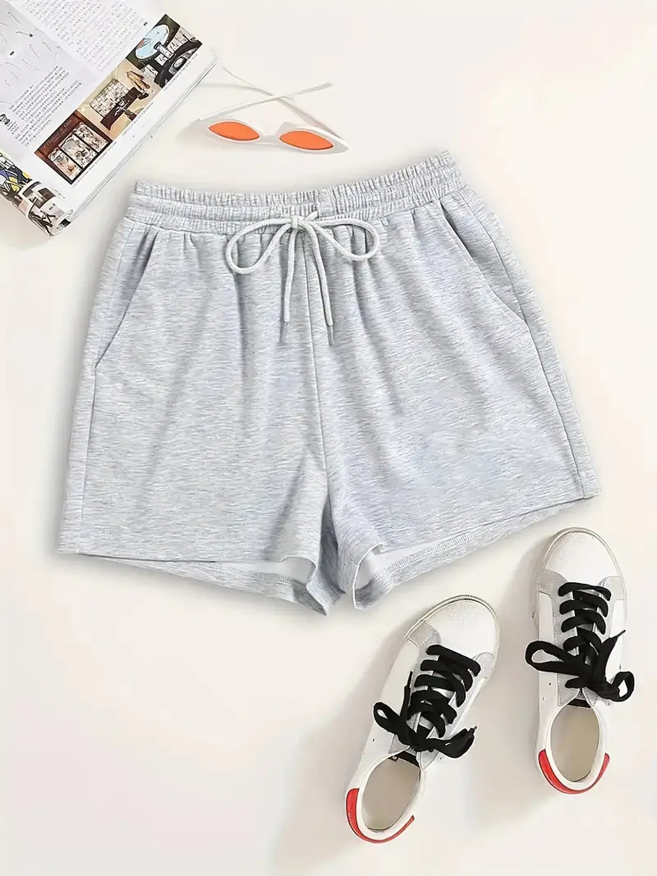 Solid Drawstring Waist Track Shorts: XL / Light Grey
