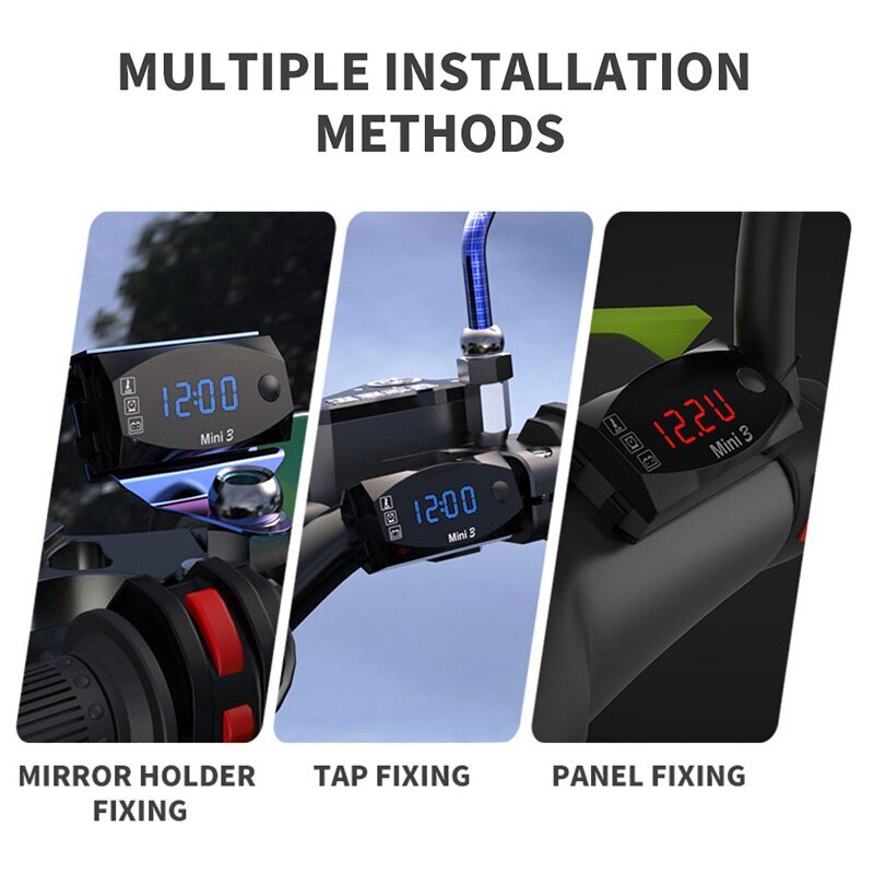 3- i -1 multifunktionel universal digital display meter tester vandtæt motorcykel voltmeter termometer vægure blå rød