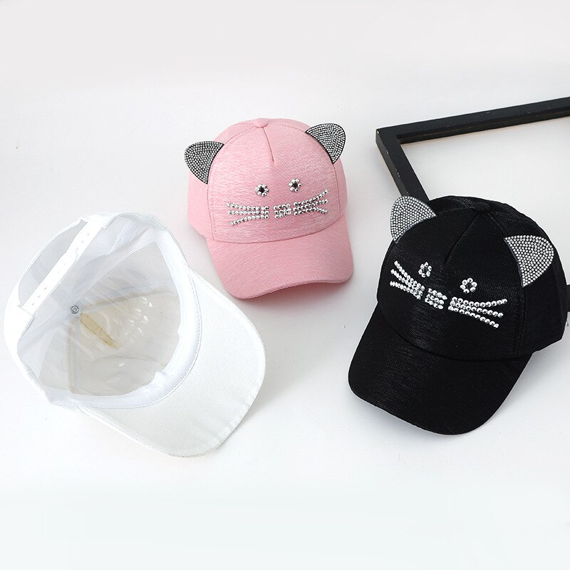 Söpö kissa korva lasten baseball-lippis strassit sarjakuva kesätytöt snapback-lippis säädettävä lasten aurinkohattu