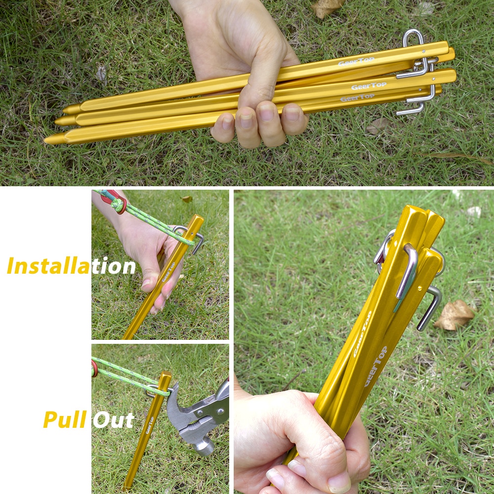Geertop 4 Pack Metal Tent Stakes Heavy Duty Camping Stakes 11 inch Long Ground Stakes for Camping Tent Rain Tarp Outdoor