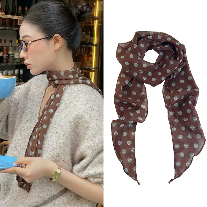 Lenço de seda de bolinhas marrom impresso high-end versátil acessórios pescoço feminino novo bandana amarrado cabelo longo