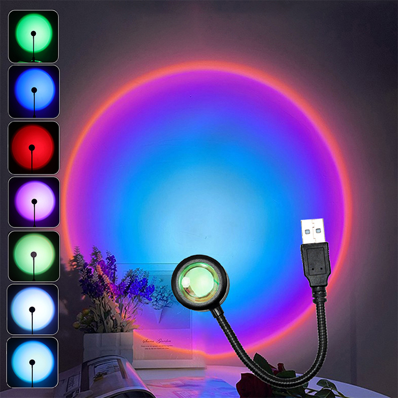 USB LED Sunset Light Mobile Phone Self Photography Light RGB Rainbow Neon Night Light Projector Photography Wall Atmosphere Lamp