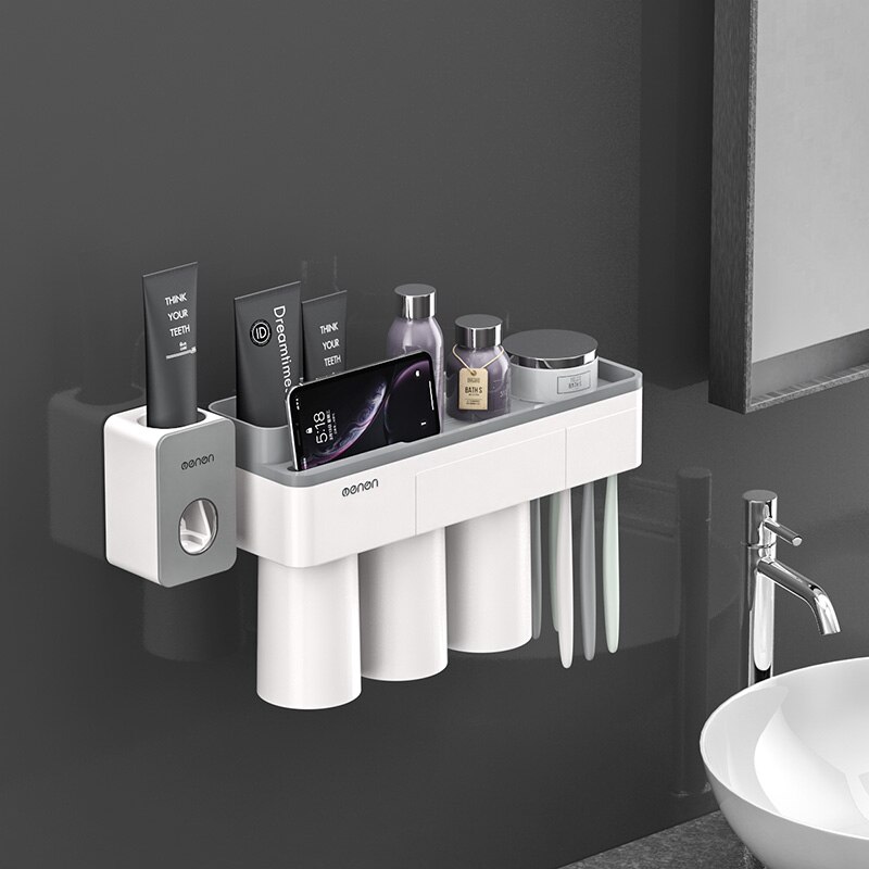 Toothbrush Holder Bathroom Accessories Toothpaste Squeezer Dispenser Storage Shelf Set For Bathroom Magnetic Adsorption With Cup: Gray 3 Cups Sets