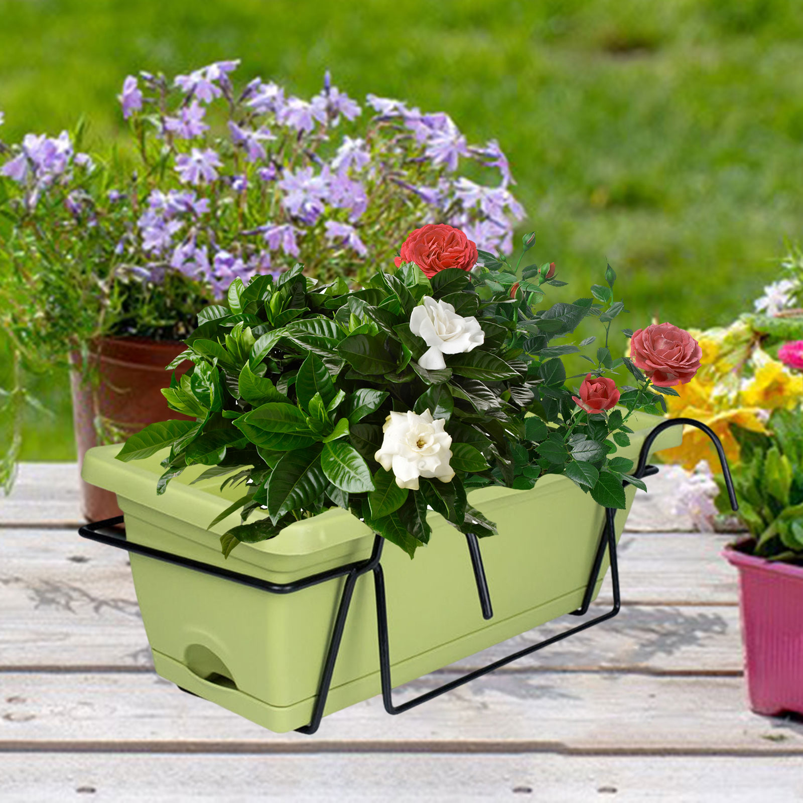 Balcony Railing Planter Flower Pot with Tray Rack Vegetable Planting Pot Plant Basket Window Box for Yard Farmhouse Outdoor