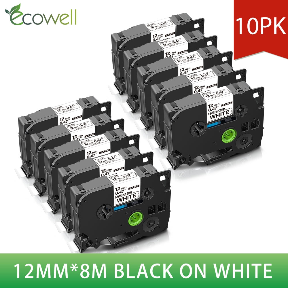 Ecowell 12mm Black on White TZe-231 TZe 231 Label Tapes Compatible for Brother p touch PT200 1000 D210 H110 E110 Label Printer