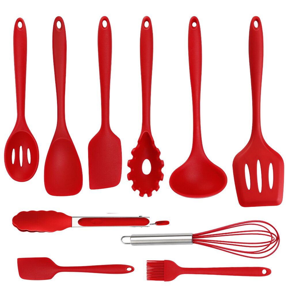 Hecef 10 Pcs Cooking Tools Kitchen Cookware Set Silicone Utensils Cooking Sets Non Stick Cooking Tools Kitchen Accessories Sets: Red
