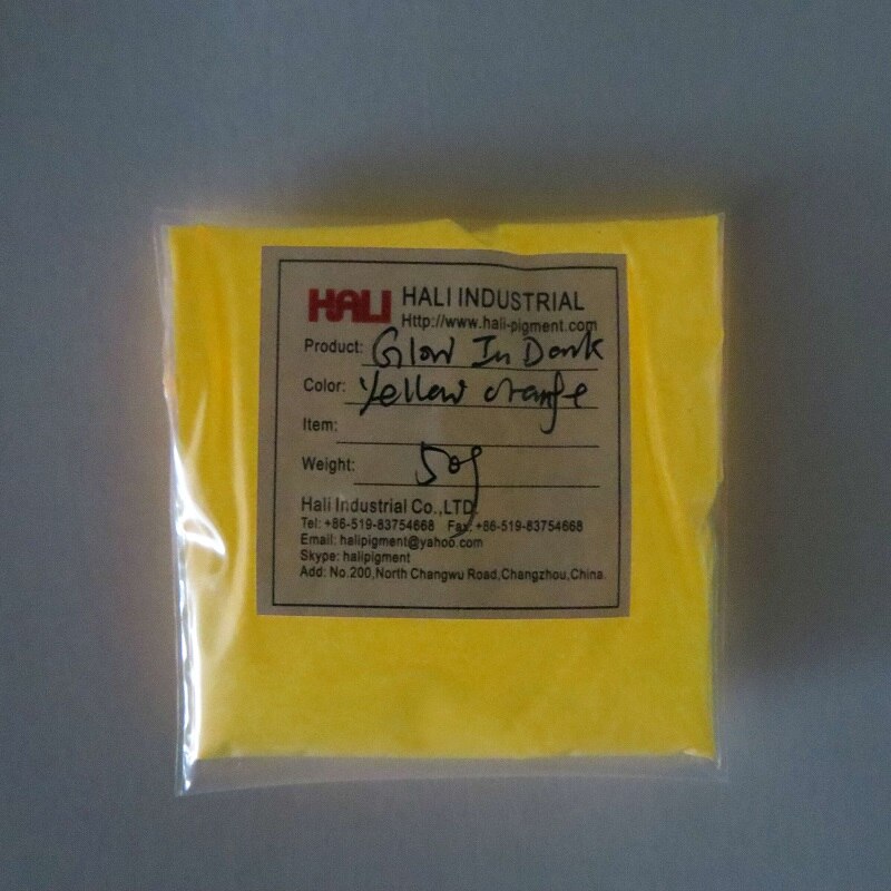 Glow in dark poeder, fotoluminescerend poeder, luminescerend poeder , 1 partijen = 10 kleuren ,10 gram per kleur.: Geel oranje 50g