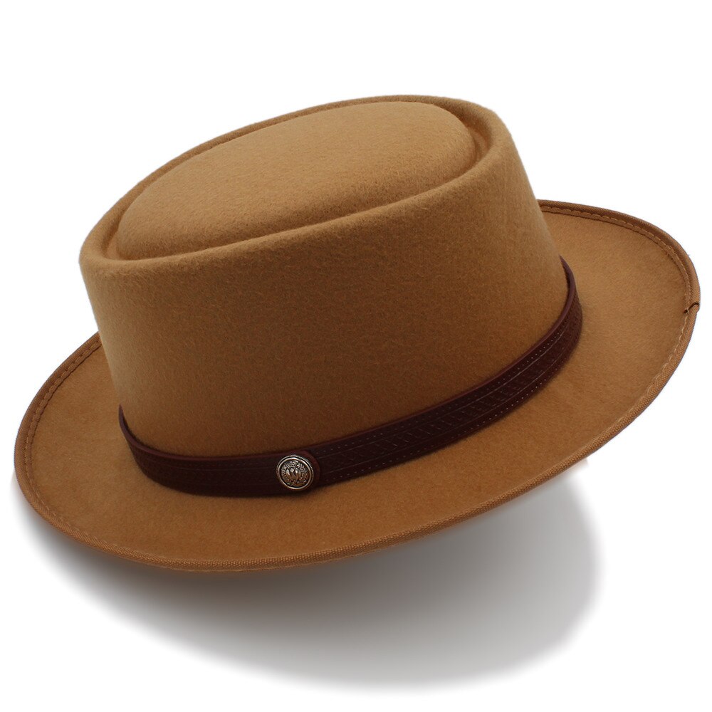 Chapeau en tarte de porc pour femmes hommes | Chapeau Fedora plat en laine pour Gentleman, papa Gambler Panama Trilby chapeau avec Belwt taille 58CM: Khaki