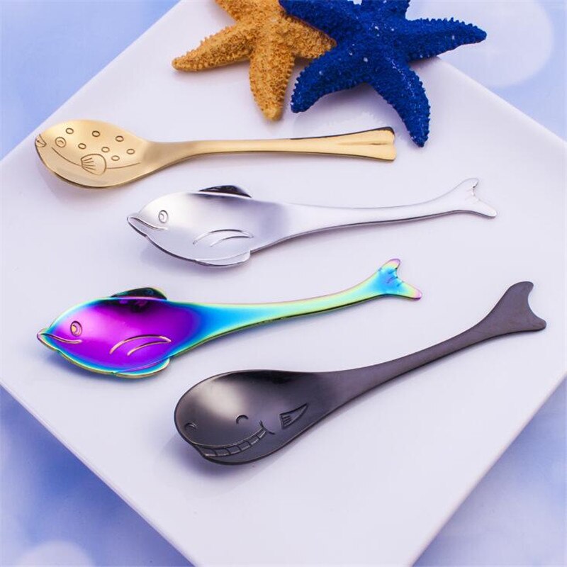 Multicolor Household Coffee Milk Stirring Spoon Stainless Steel Cutlery Dolphin Shape Teaspoon Kitchen Accessories