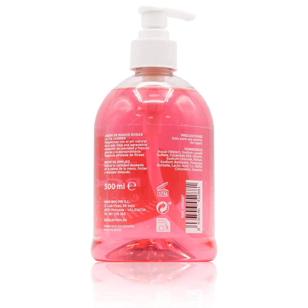 La Tía Carmen - Jabón Manos Rosas - 500 Ml - Suavidad y Frescor - Respeta el pH de la Piel
