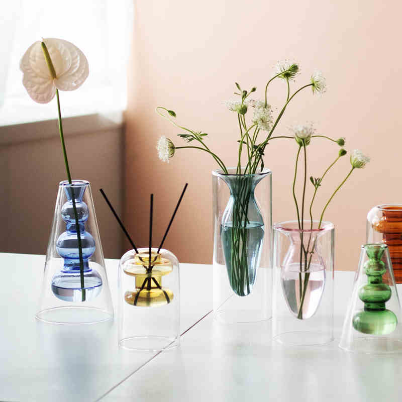 Nordisk stil färgglada glas transparent vas blomsterarrangemang hydroponisk vattenbruk flaska hem vardagsrum bord dekoration