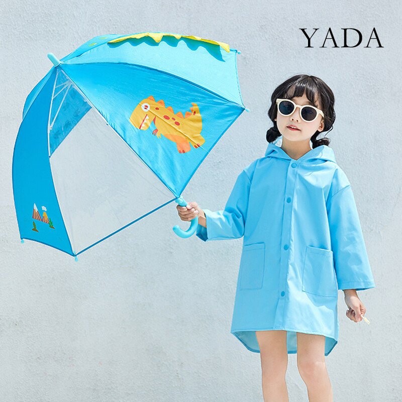 YADA-paraguas semiautomático para niños, sombrilla plegable transparente con patrón de dinosaurio encantador, para lluvia, ,