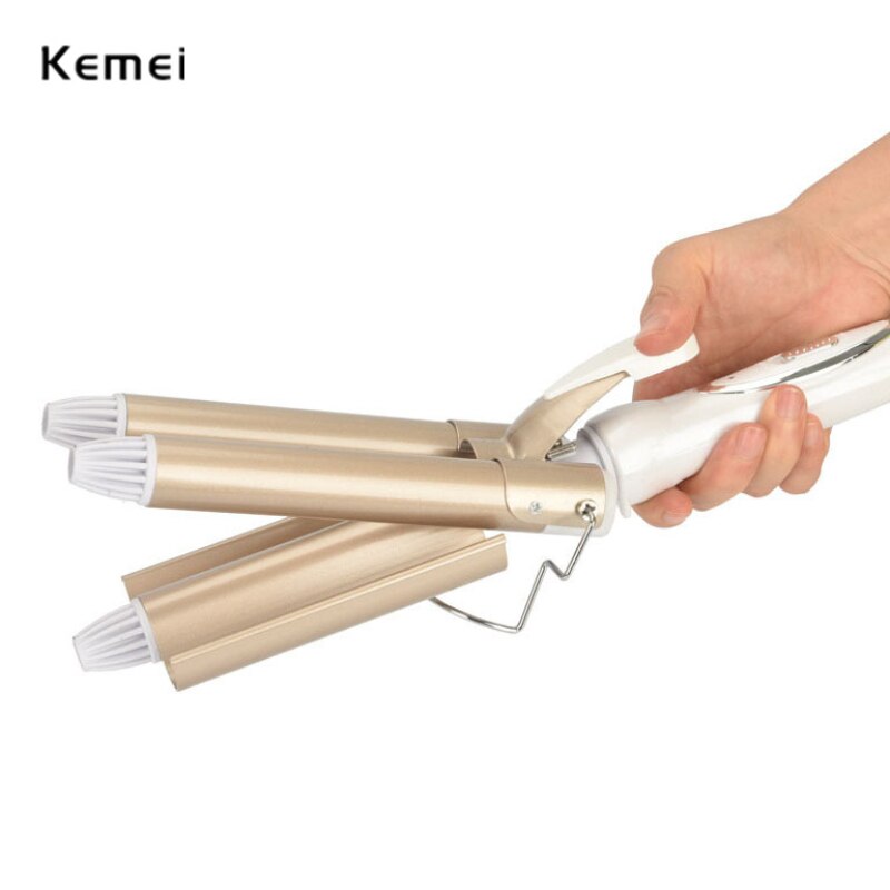 Kemei-modelador de cachos profissional, aparelho de ferro e cerâmica para encaracolar e ondular o cabelo, modelador de cabelos com três cilindros, elétrico, 35d