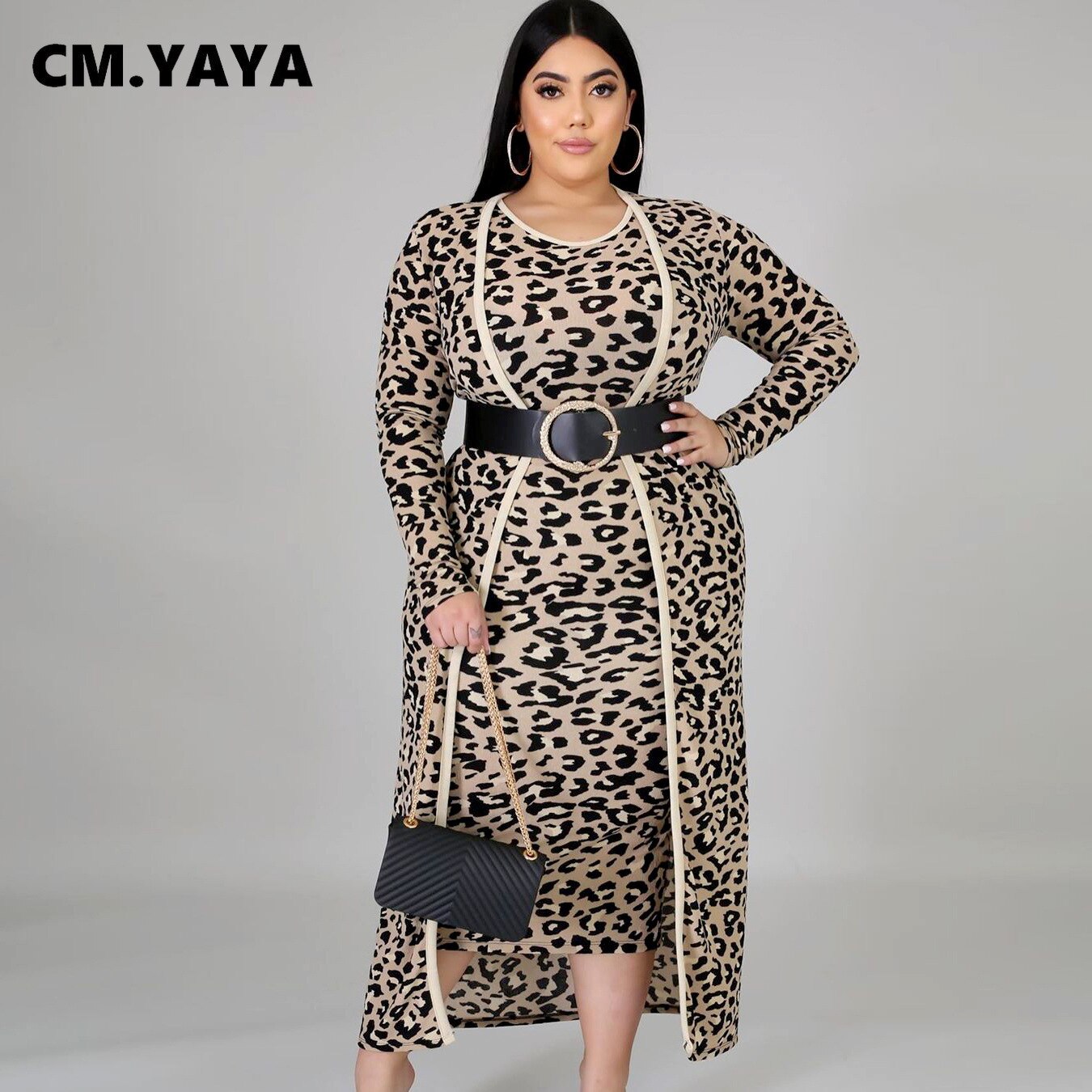Cm.yaya plus size xl -4xl leopardprint dame- og #39 ;s sæt langærmede lange kappe toppe bodycon midikjole todelt matchende sæt outfits