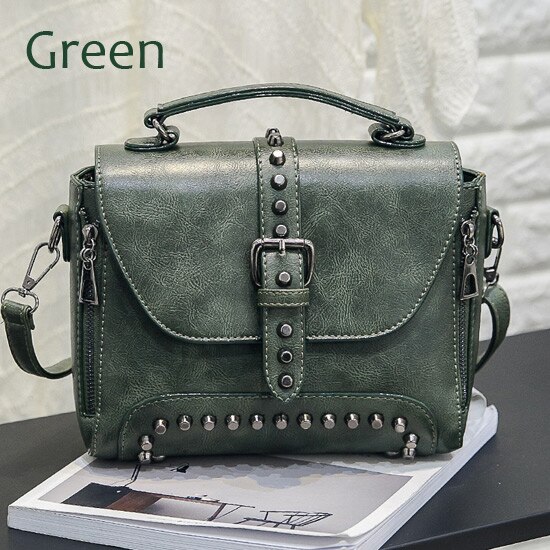 ZMQN Umhängetaschen Für Frauen Schulter Taschen Weibliche Vintage Leder Taschen Frauen Handtaschen Berühmte Niet Kleine Damen A522: Green