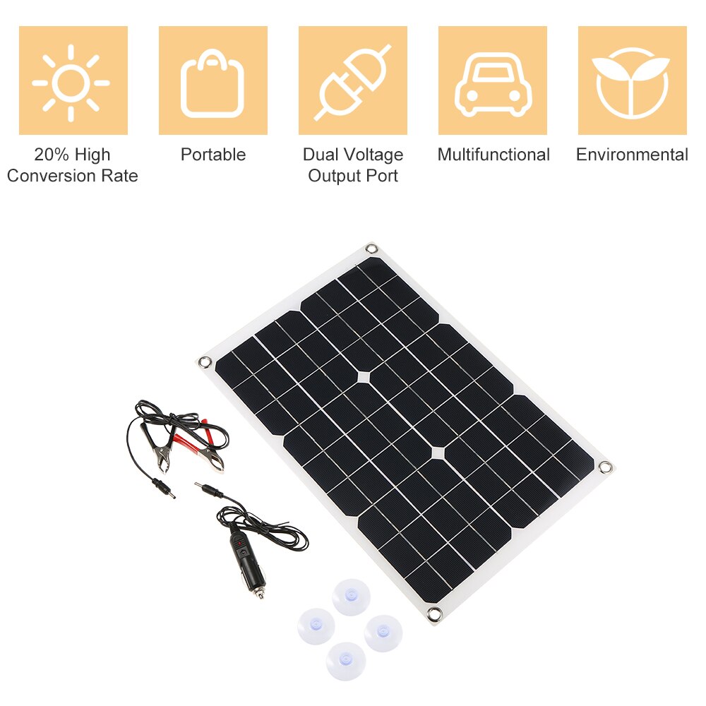 50W DC 5V/18V Dual Output Solar Panel with 2 USB Ports & Car Charge IP65 Water Resistance 12V/24V Solar Charge Controller PWM