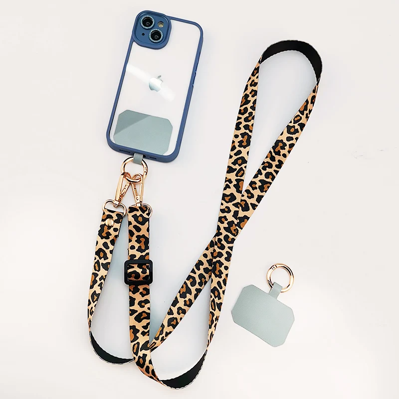 Crossbody luipaardprint op de rug hangende nekketting Verstelbare schouder Brede hanger Anti-verloren sling met clip Mobiele telefoonkoord