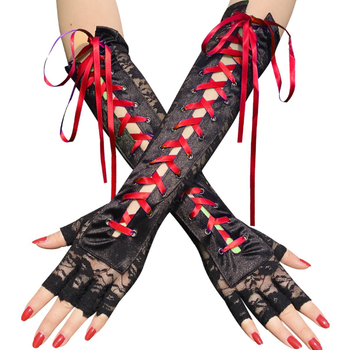 Gants longs Lolita pour femmes, rétro, Steampunk gothique, Corset en dentelle, demi-doigt, ruban en résille: A Red