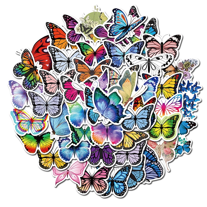 50pcs Colorful Butterfly Stickers For Laptop Skateboard Guitar Stationery Mixed Decals DIY Fridge Bottle Waterproof Sticker