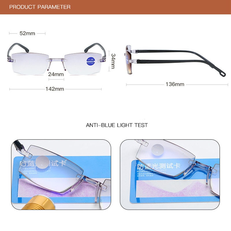 Leesbril Dames Ultra Licht Randloze Leesbril Anti-Blauw Licht Anti-vermoeidheid Computer Oogbescherming + 50 Tot + 400