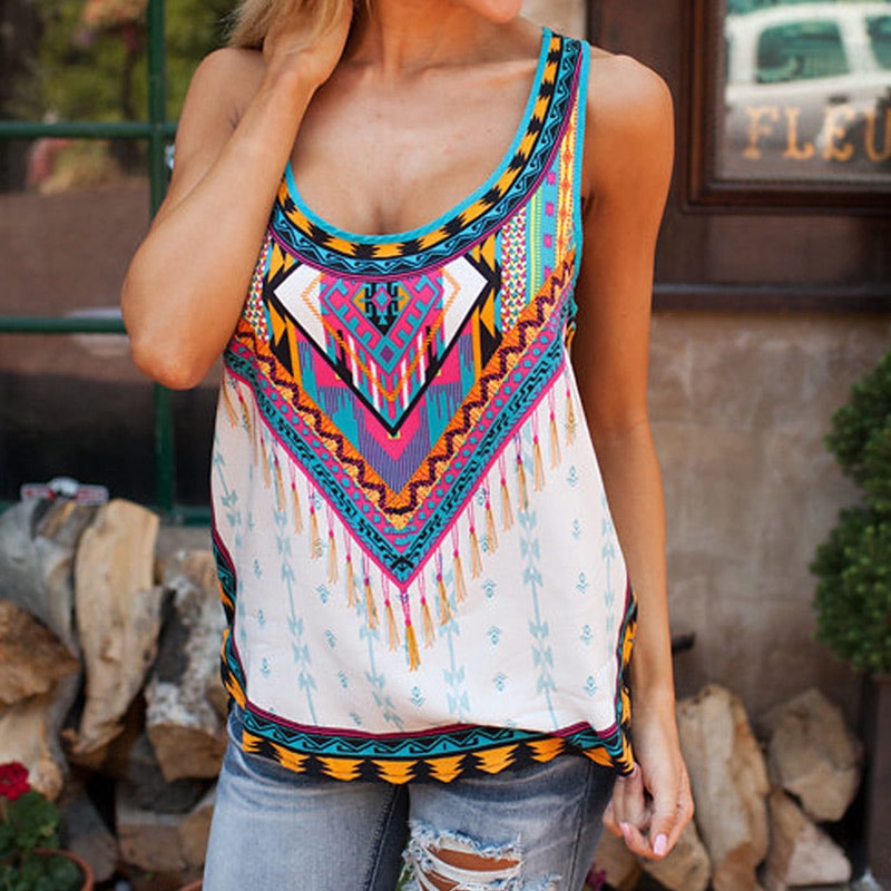Boho femmes fleur été gilet sans manches plage chemise Blouse réservoir hauts T-Shirt femmes Boho imprimer t-shirts sans manches en vrac