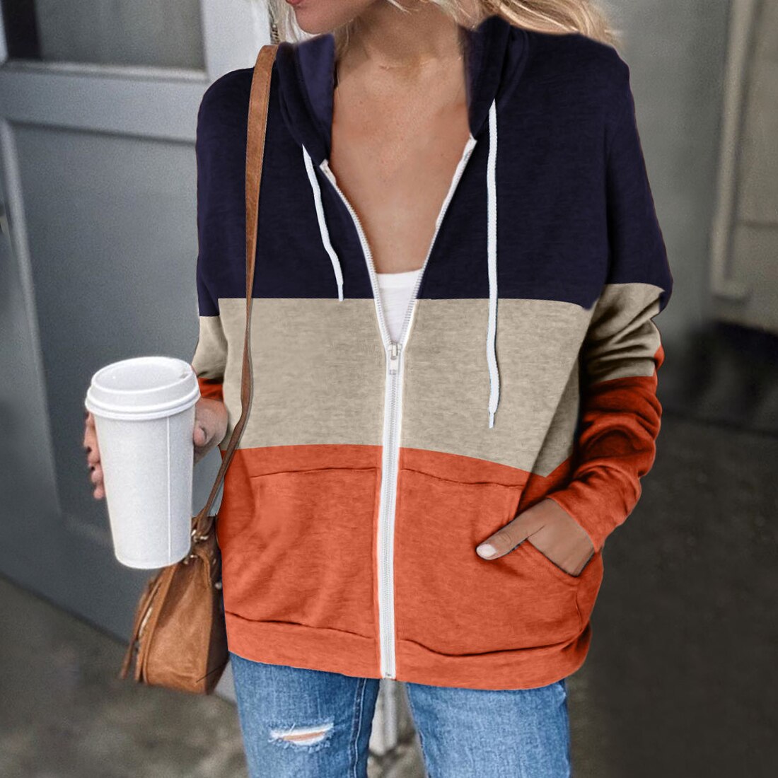 Women's Full Zip Up Hoodie Striped Panel Long Sleeve Sports Hoodie Sweatshirts with Pockets Jacket Coat for Women Arrivals