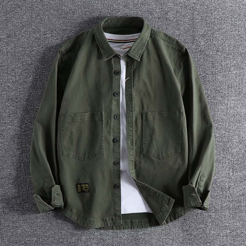 Chemise à manches longues en denim extensible slim pour homme, tendance japonaise, joli garçon, avec poche, manteau fin  on 0391: Vert armée / Xxl