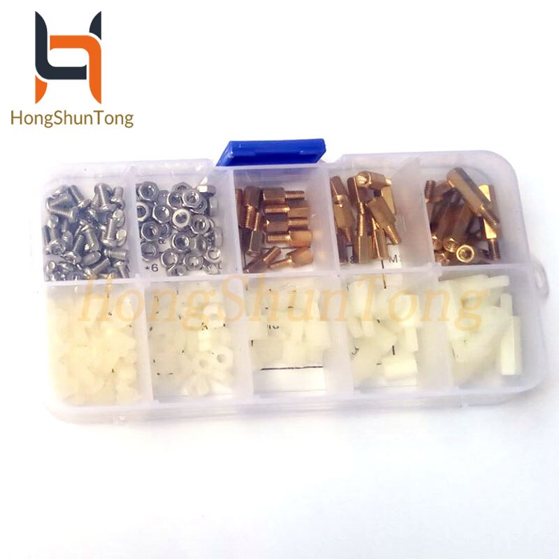 180pcs/set M3 Nylon and Brass White Male-Female M-F Stainless Steel Screws Nut Assortment Box kit set with Plastic Box Hollow