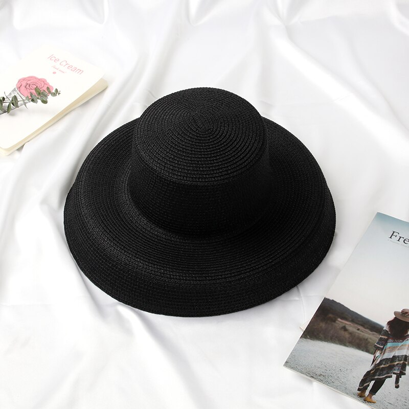 Sombrero de paja de estilo veraniego para mujer, gorra de paja para playa, con lazo, para vacaciones, ocio, informal, Audrey Hepburn: BLACK