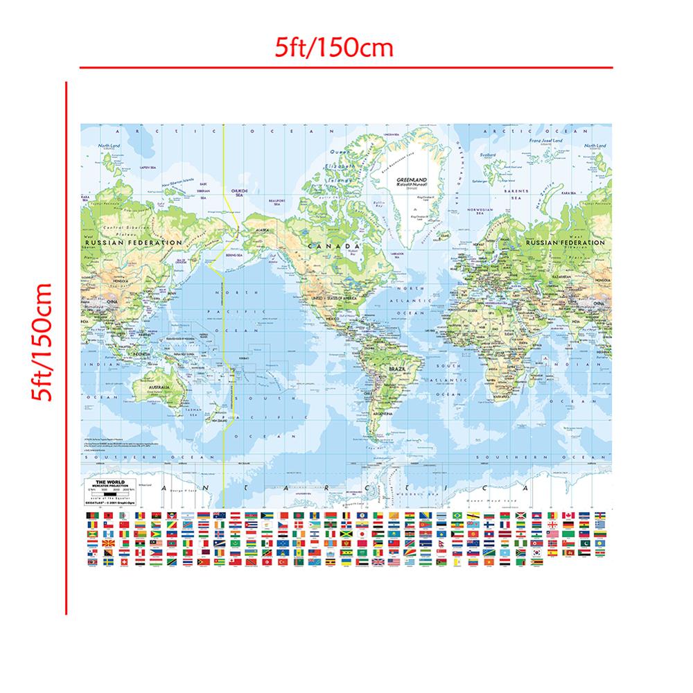 De Wereld Mercator Projectie Kaart Met Nationale Vlag 150X150 Cm Non-woven Waterdichte Wereldkaart Voor Onderwijs