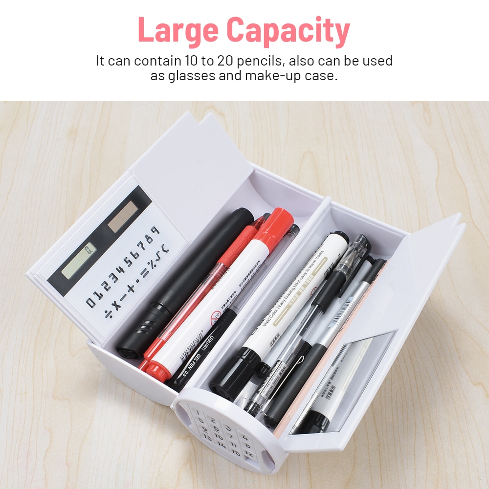 Multifunctional Pencil Case Large Capacity Pen Box with Mirror Sliding Block Digital Clock Solar Caculator School Stationery