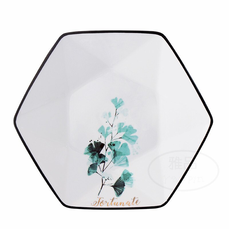 Nordic Hexagon Black Edge Leaves Ceramic Dinner Pl... Grandado