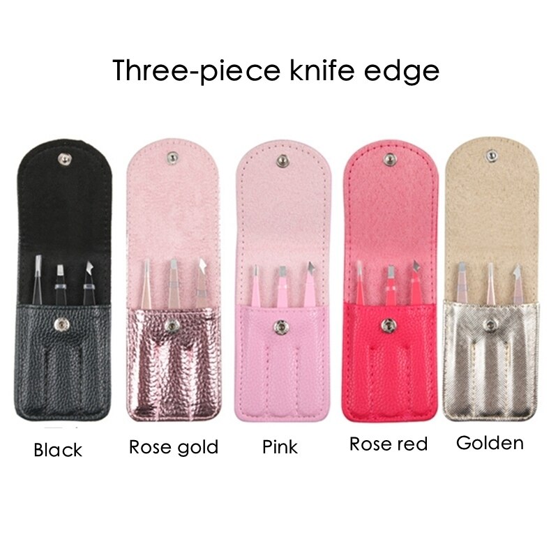 3 Pieces/Set of Stainless Steel PU Leather Popular Eyebrow Tweezers Beauty Removal Makeup Tool For Kit Ladies
