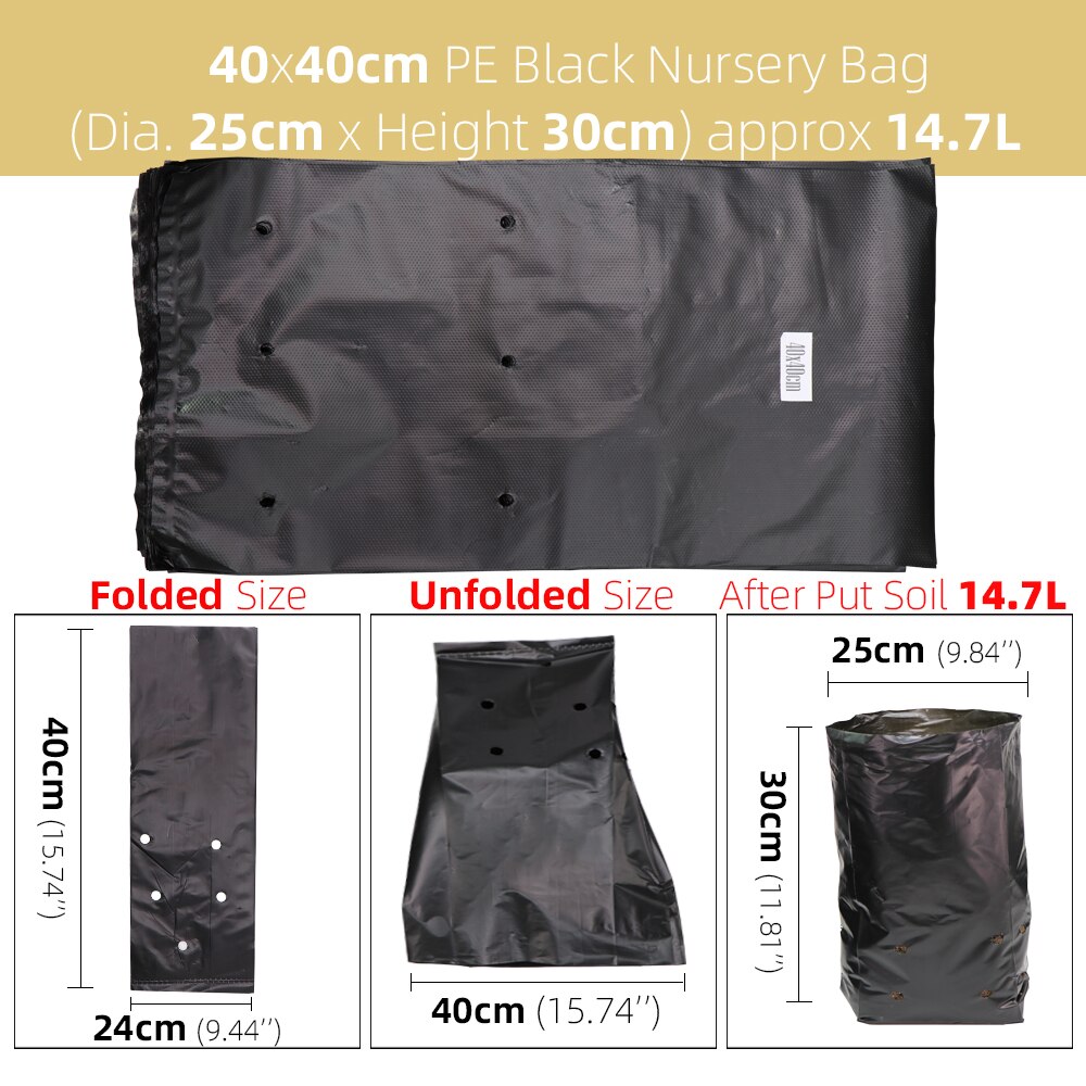 50/100Stck PE Verdicken Pflanze Wachsen Tasche Kindergarten Taschen Sämling Töpfe mit Atmungsaktive Löcher Schwarz Pflanzen Sack Umweltfreundliche garten: 50Stck / Schwarz 40x40cm