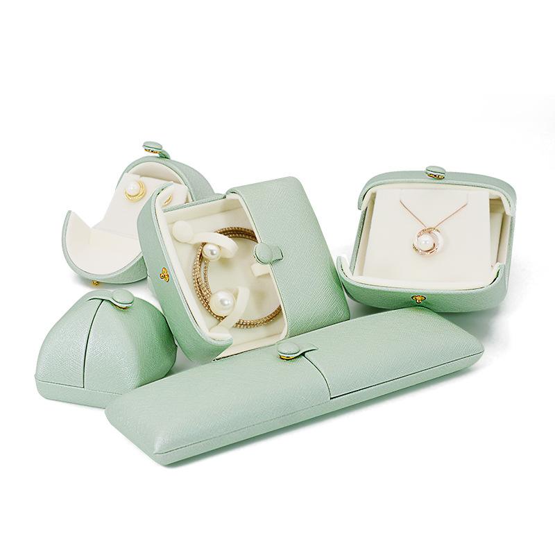Tender Green Reticulated Pu Leather Double Open Jewelry Storage Box Proposal Ring Box Pearl Necklace Collection Box