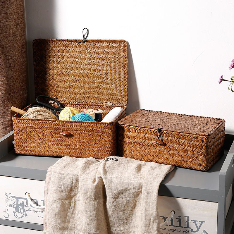 Straw Weaving Storage Box Retro Organizer Furniture Boxes Portable Container Lid Storage Box Multipurpose Accessories Boxes