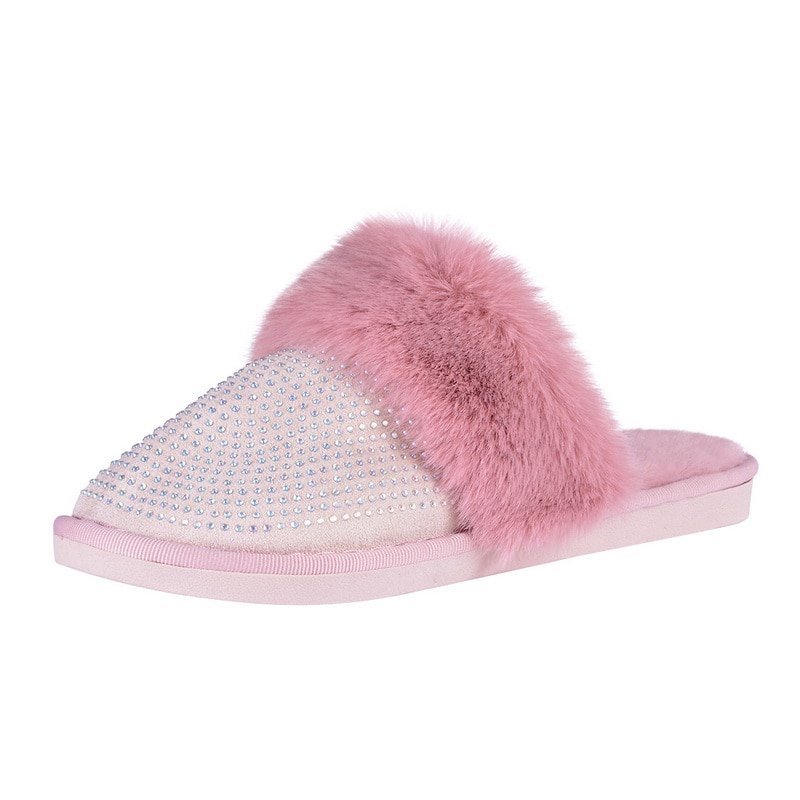 Winter Bling Bont Slippers Vrouwen Warm Meisjes Huis Slippers Slaapkamer Schoenen Kristal Indoor Zapatilla Mujer: Pink / 38-39