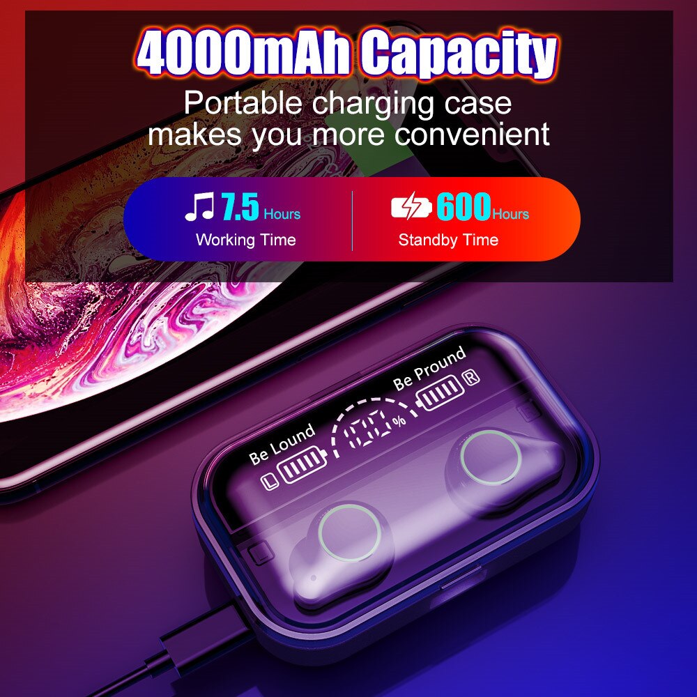 TWS Wireless Bluetooth Earphone Fingerprint Touch Stereo Headsets Sport Bluetooth Headphones With 4000mAh Waterproof Earphones